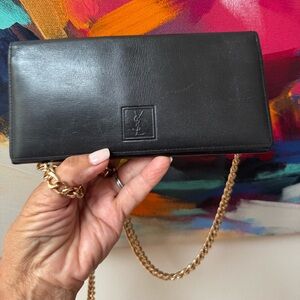YSL Saint Laurent Black Leather Wallet, Brown interior, COA & chain included.
